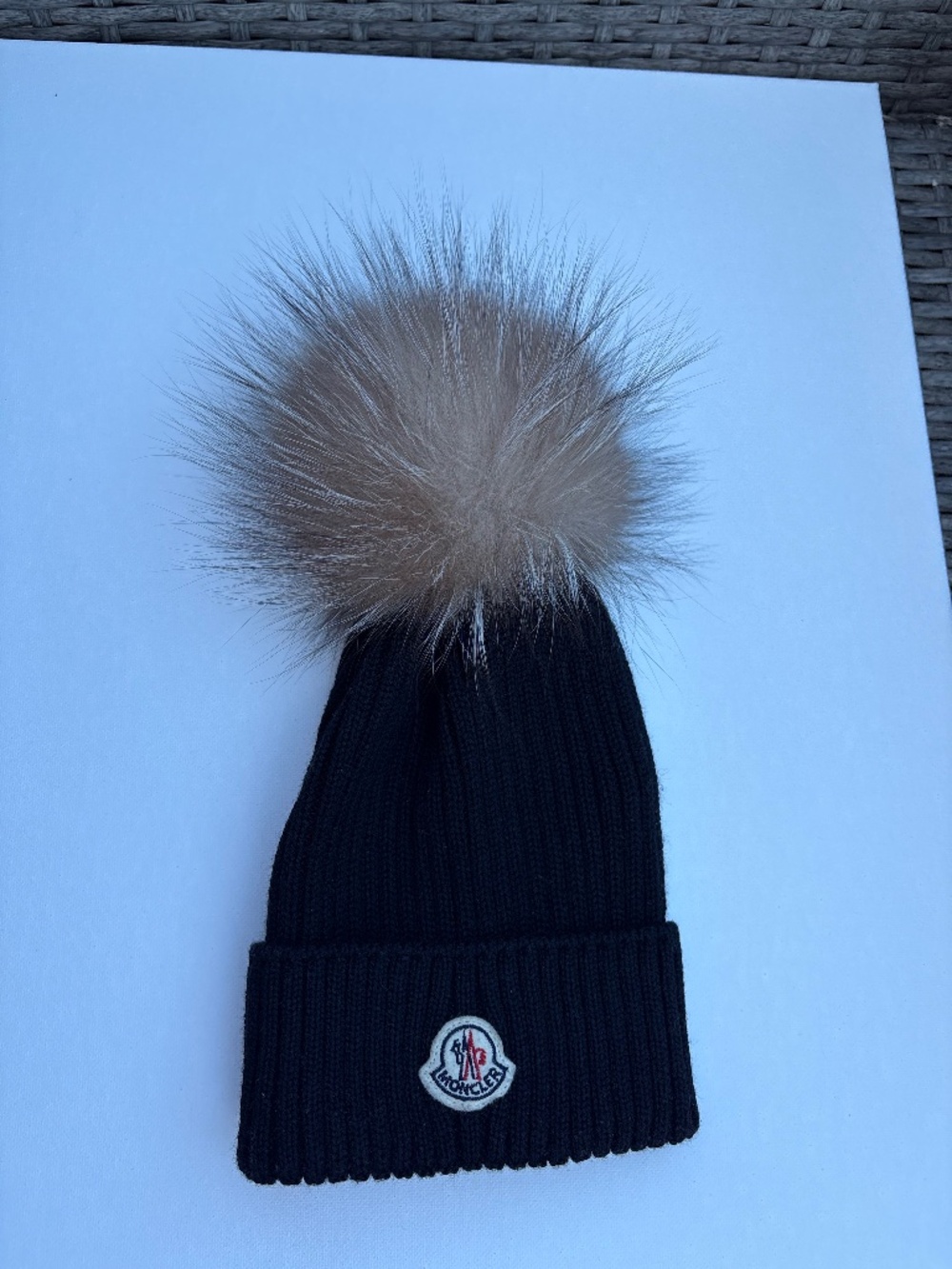 Moncler Kids Black Knit Beanie Fur Pom Pom Logo Hat Size M